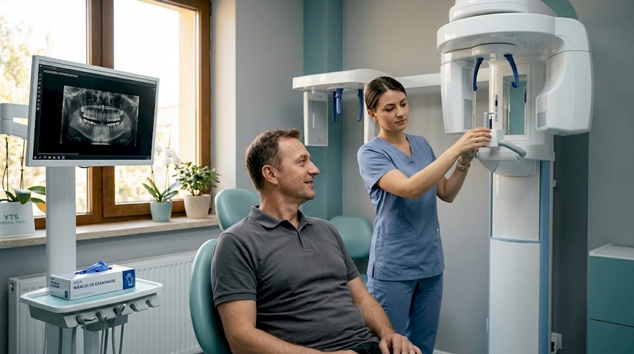 Pacientul efectuează o radiografie dentară digitală în cabinetul stomatologic.