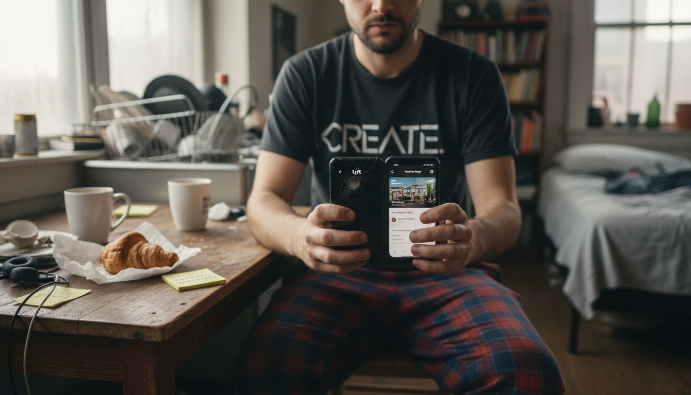 Person comparing travel apps in cluttered kitchen