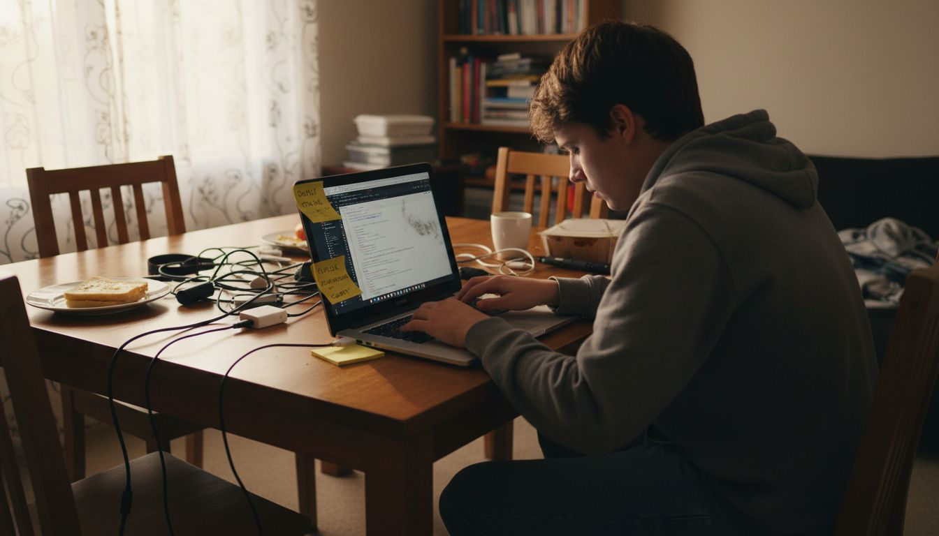 Developer coding responsive web layout at table