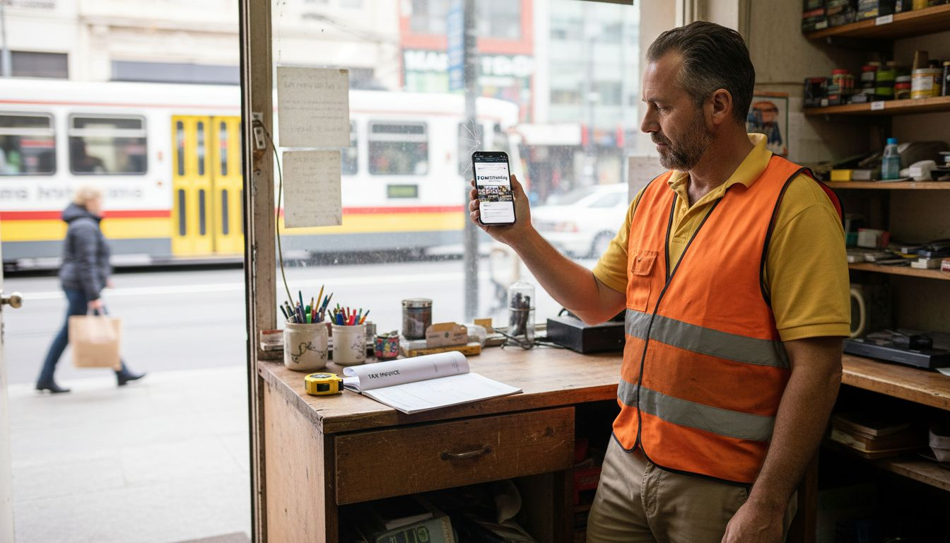 Tradesman checks business website on smartphone in shop
