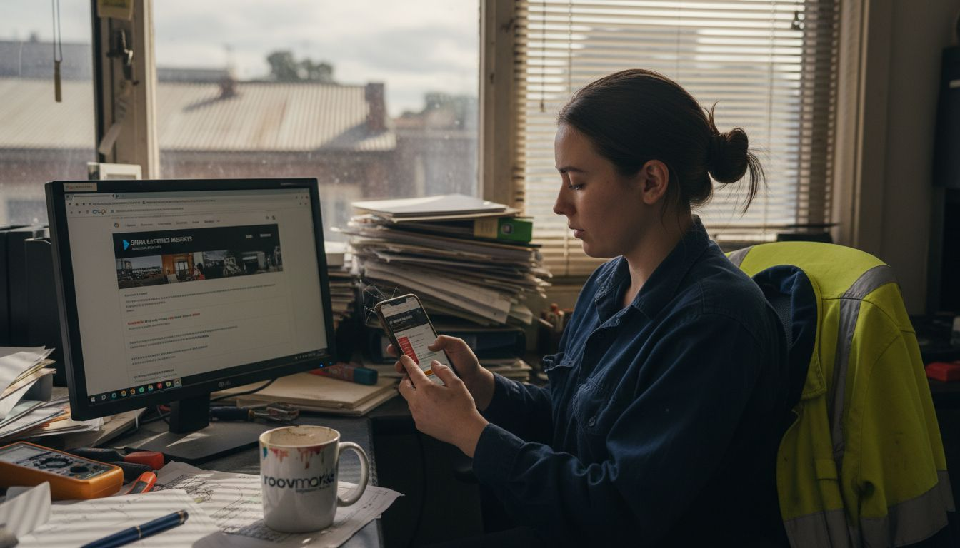 Electrician testing business website on smartphone