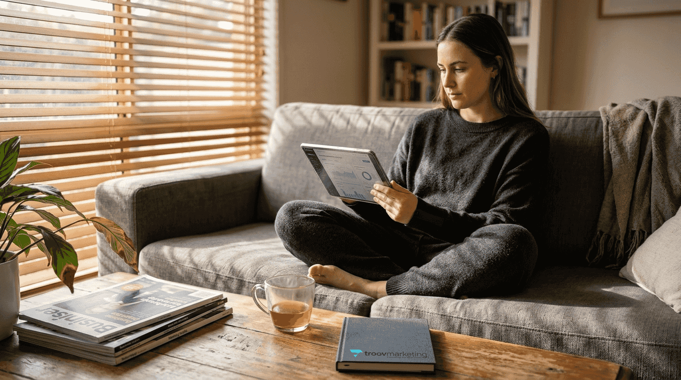 Woman reading site update on tablet at home