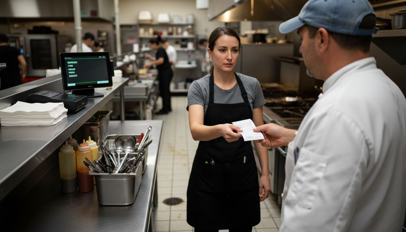 Staff transferring orders via POS terminal