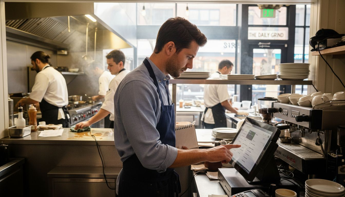 Manager entering orders at busy restaurant counter