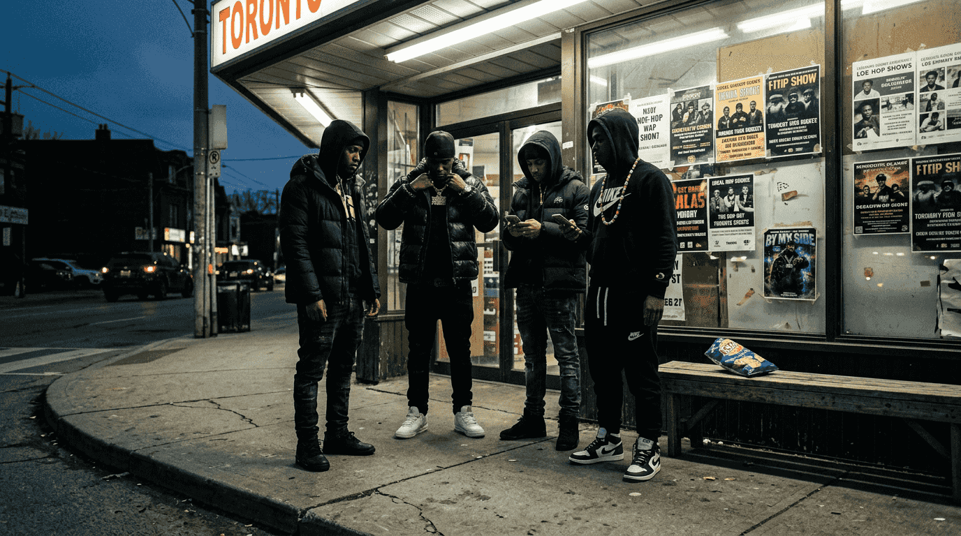 Toronto drill artists in street fashion outside corner store