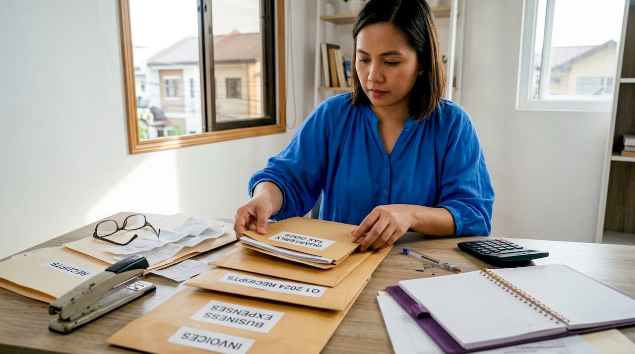 Entrepreneur sorting tax documents at home office