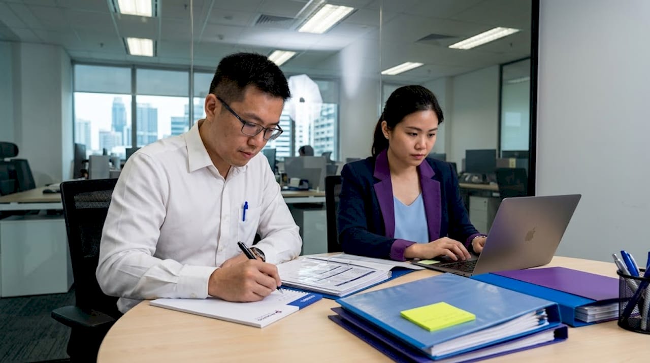 Accountants reviewing intercompany agreements at table