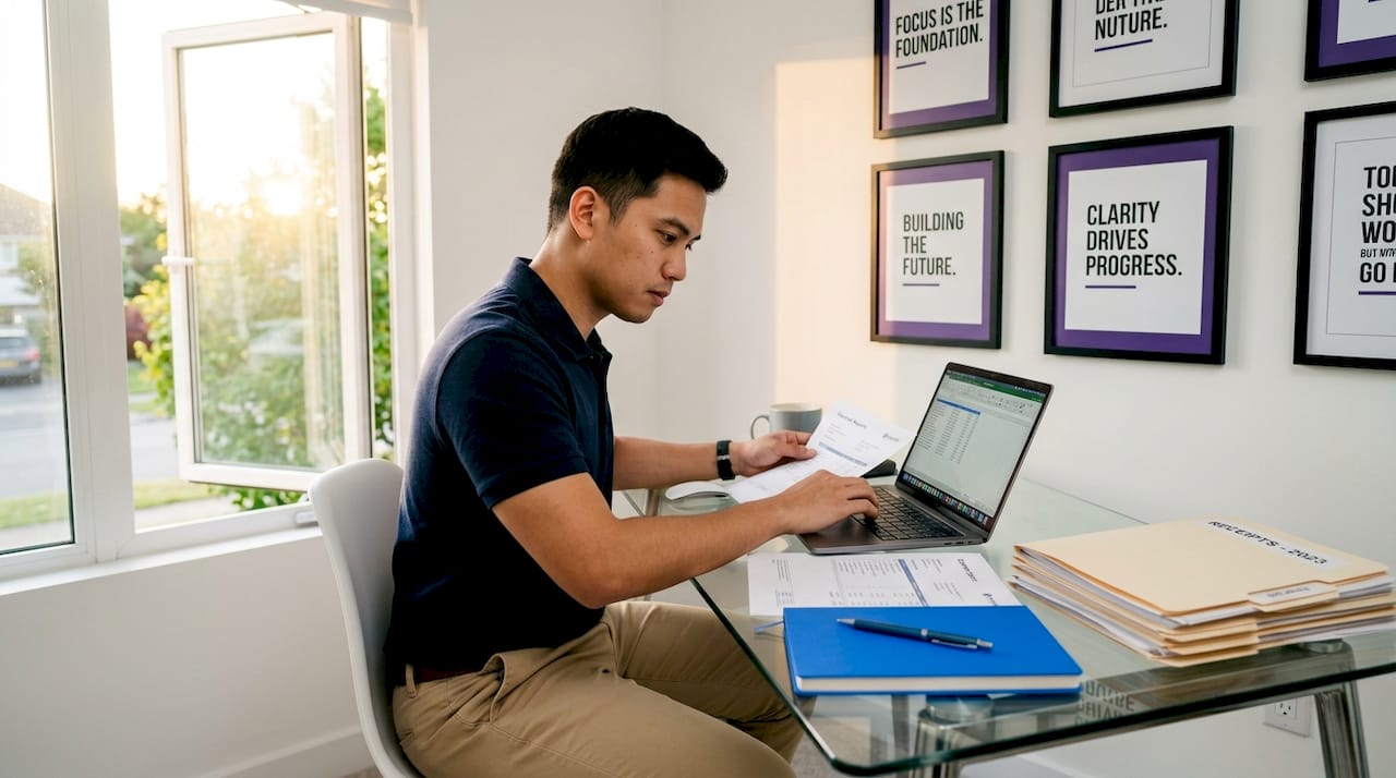 Entrepreneur reviewing SME expense reports at home