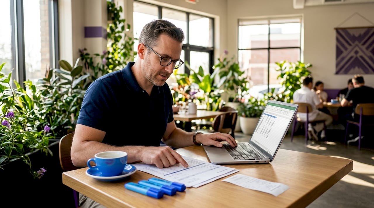 Accountant performs month-end reconciliations at shared desk