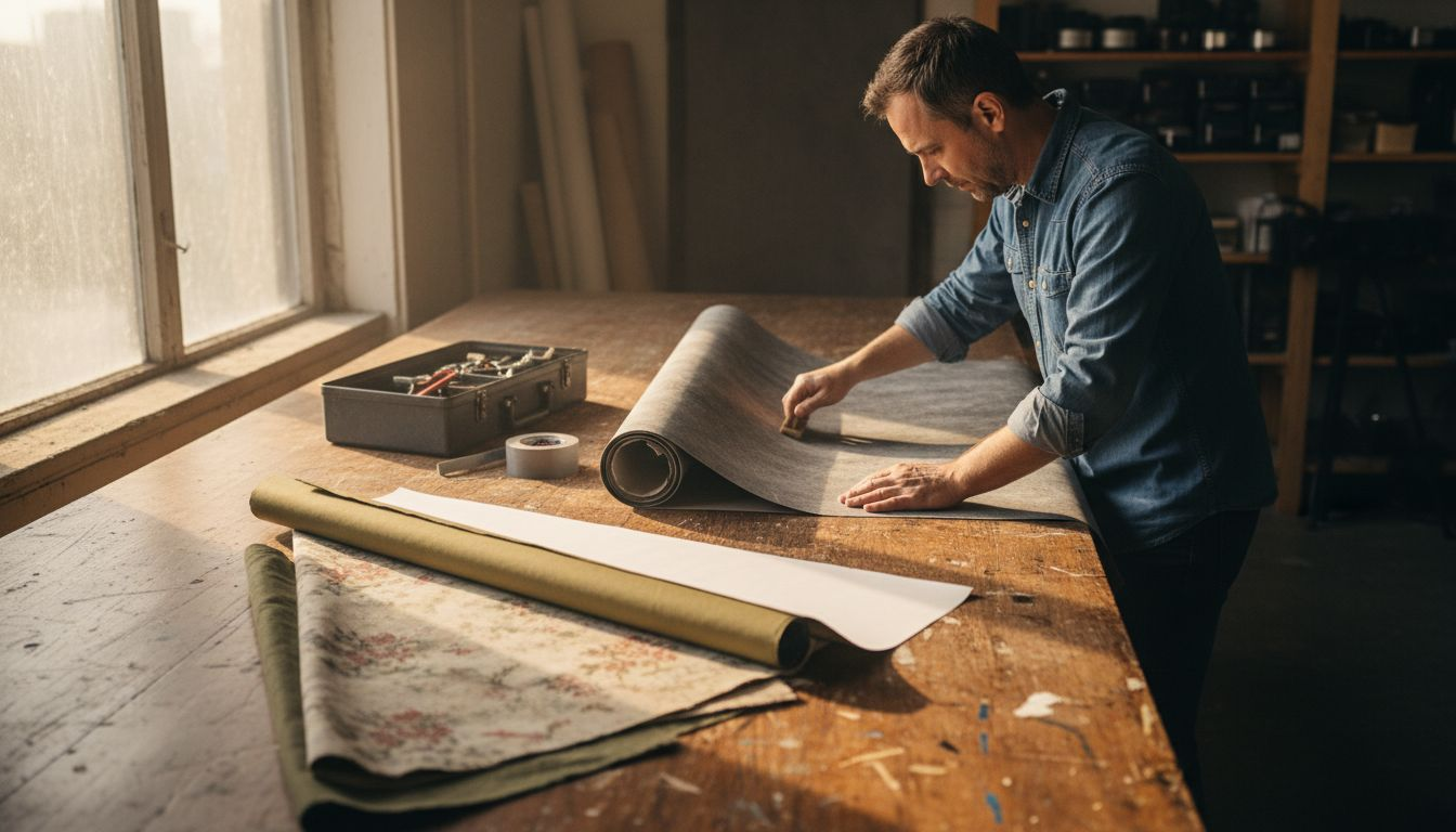 Close up of photographer handling backdrop material
