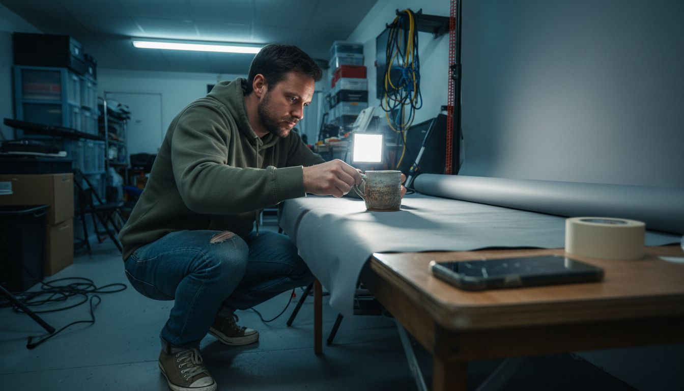 Vinyl backdrop setup with ceramic mug