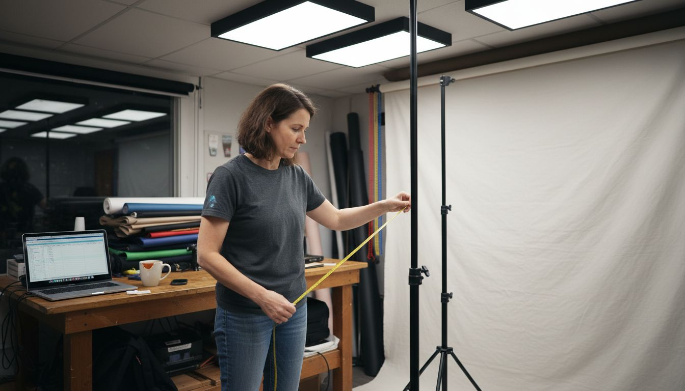 Photographer measuring studio backdrop width