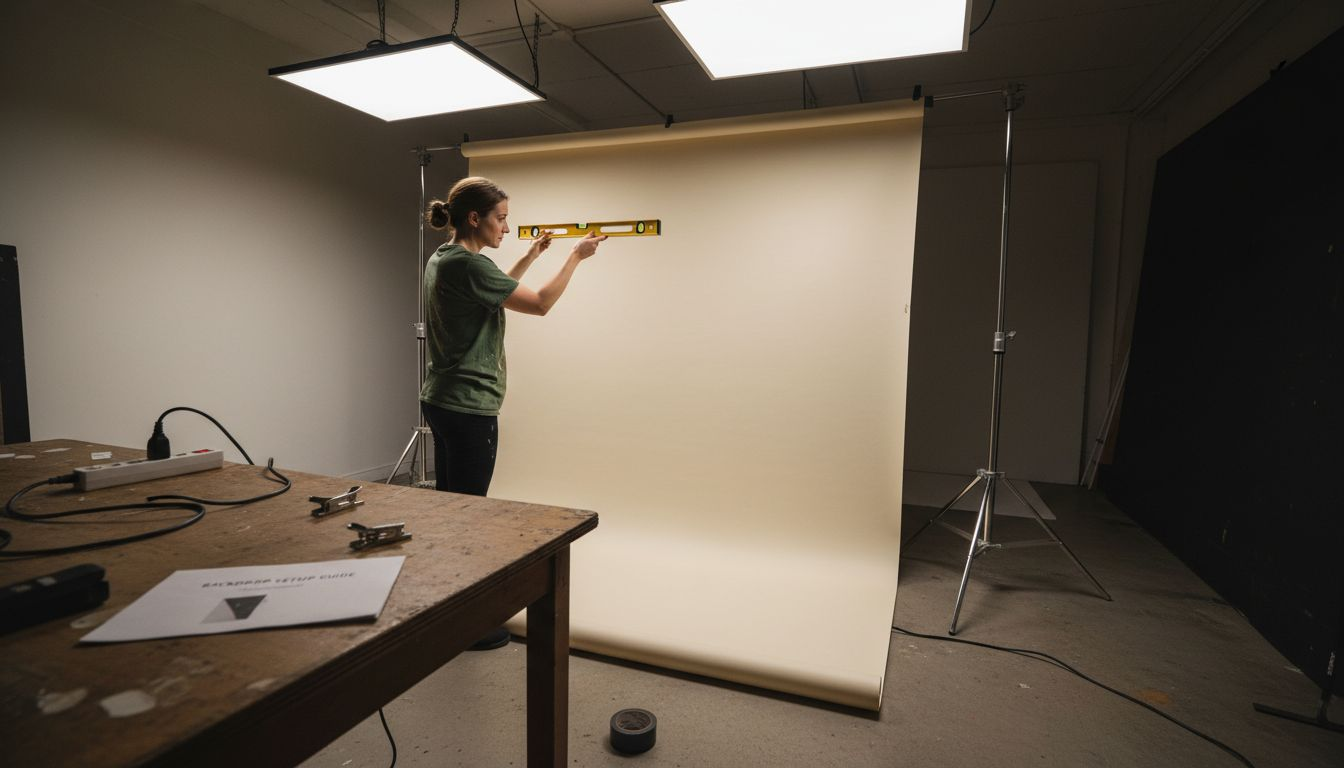 Assistant mounting vinyl backdrop with clips