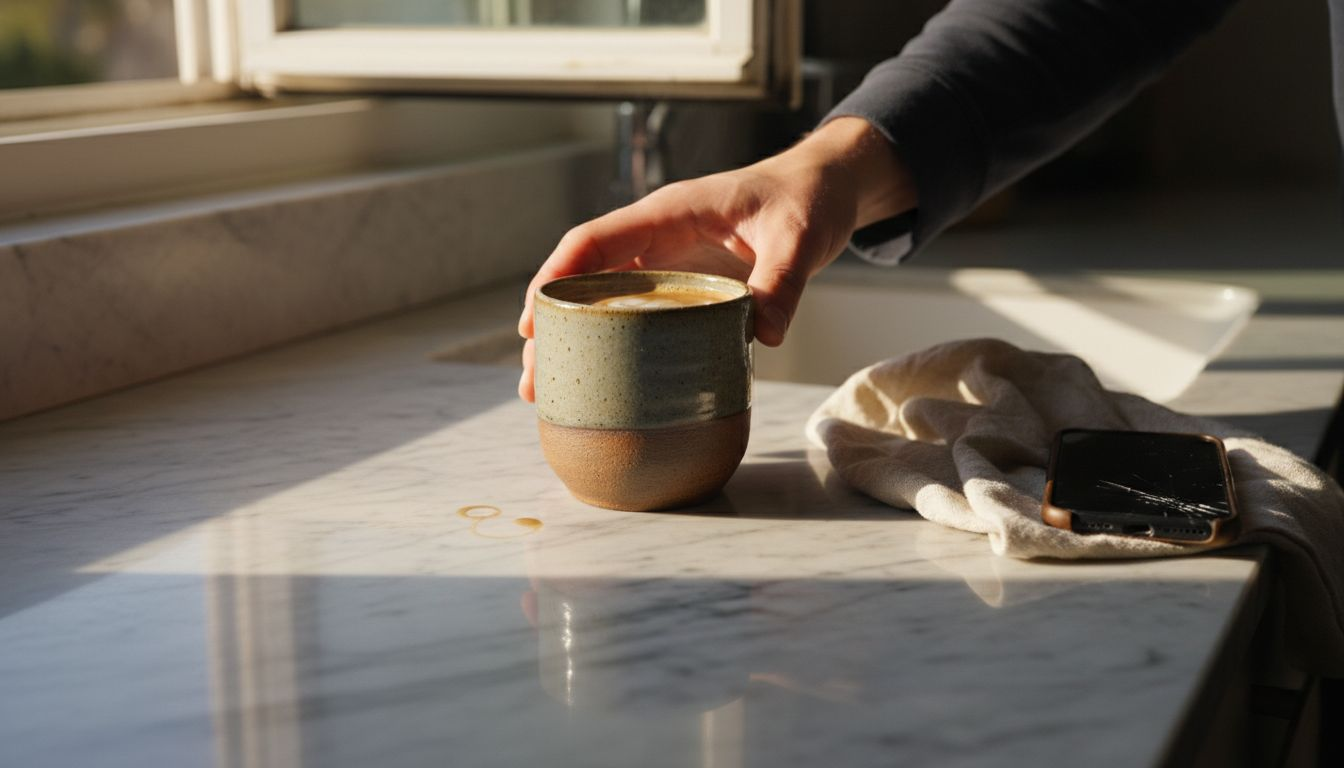 Ceramic mug on marble slab in natural kitchen