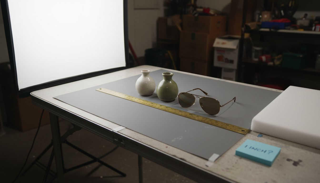 Ceramic vases and sunglasses arranged on vinyl backdrop