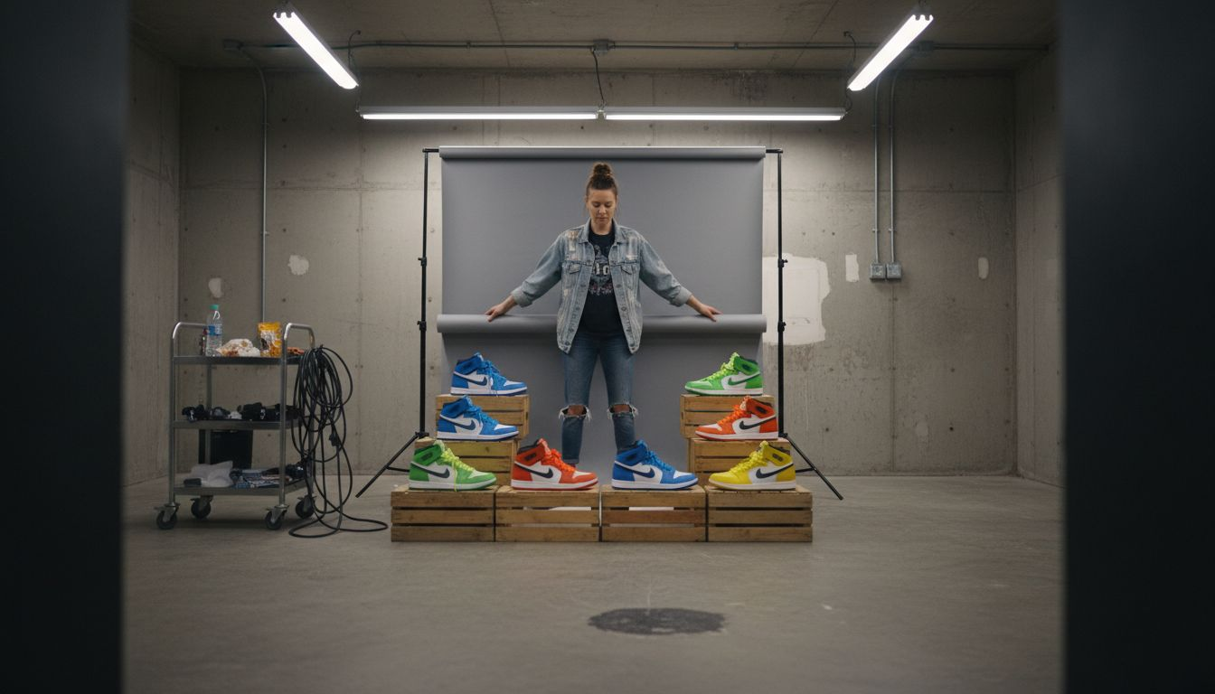 Photographer switching backdrops in workspace