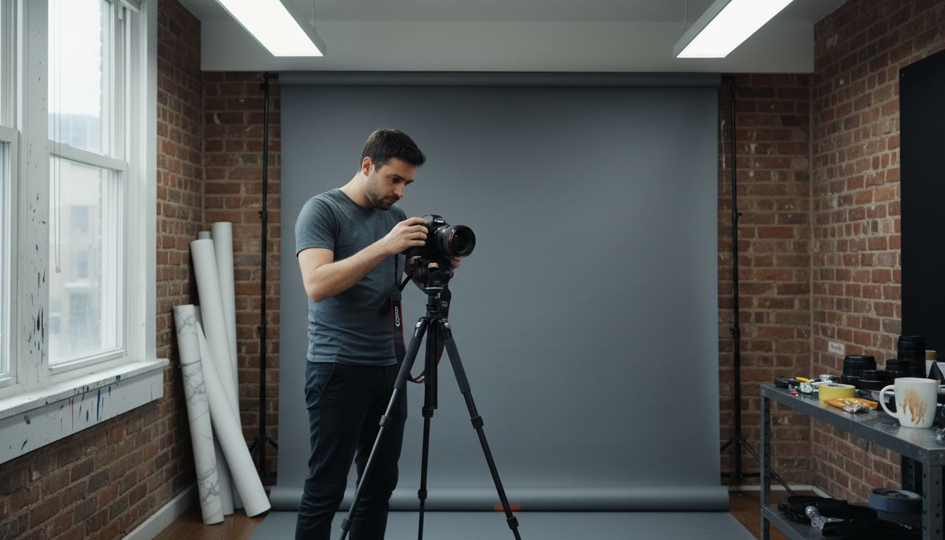 Product photographer using matte vinyl backdrop