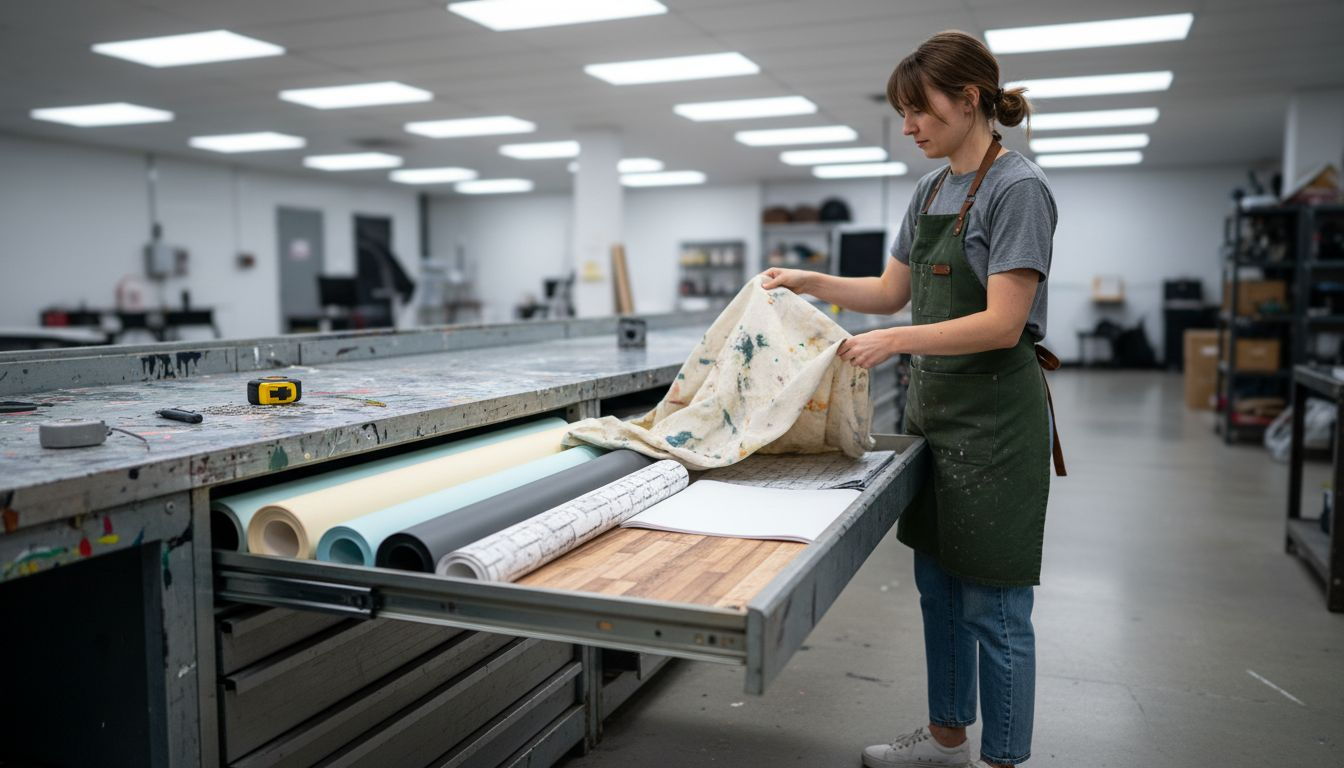 Assistant sorting different backdrop materials