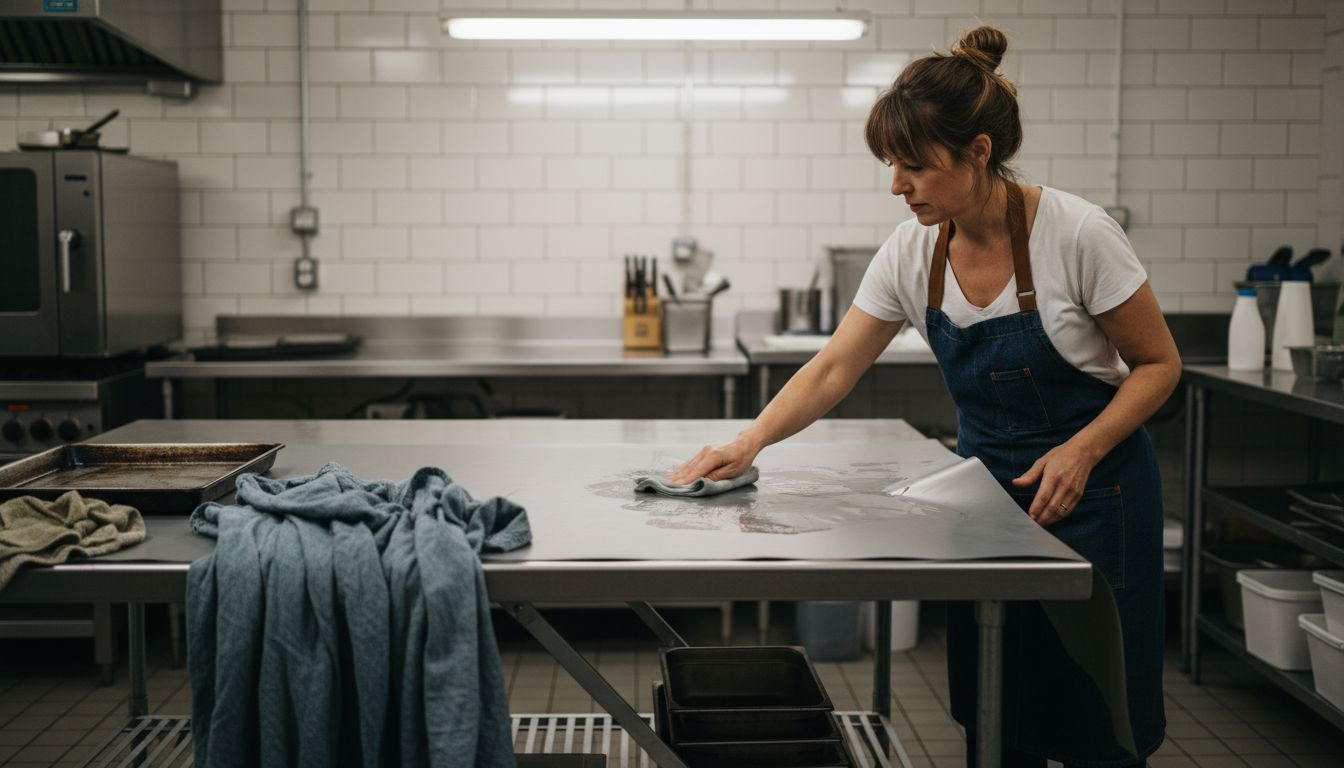 Stylist cleaning vinyl backdrop versus fabric