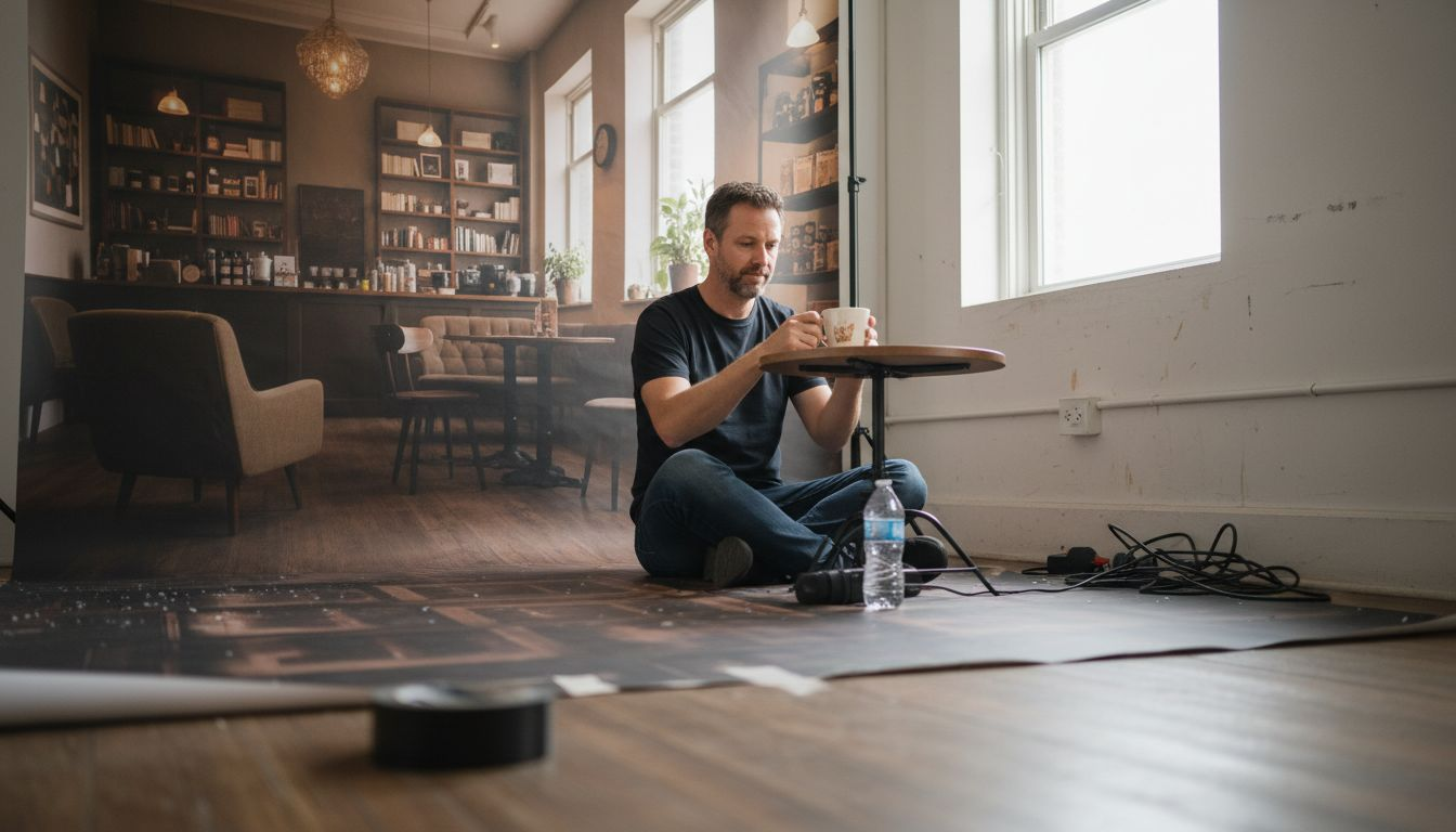 Man adjusting set in front of themed vinyl backdrop