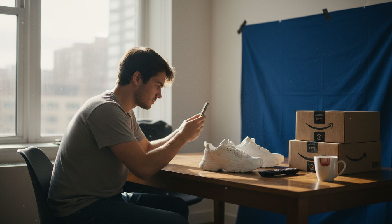 Man photographing sneakers with simple fabric backdrop