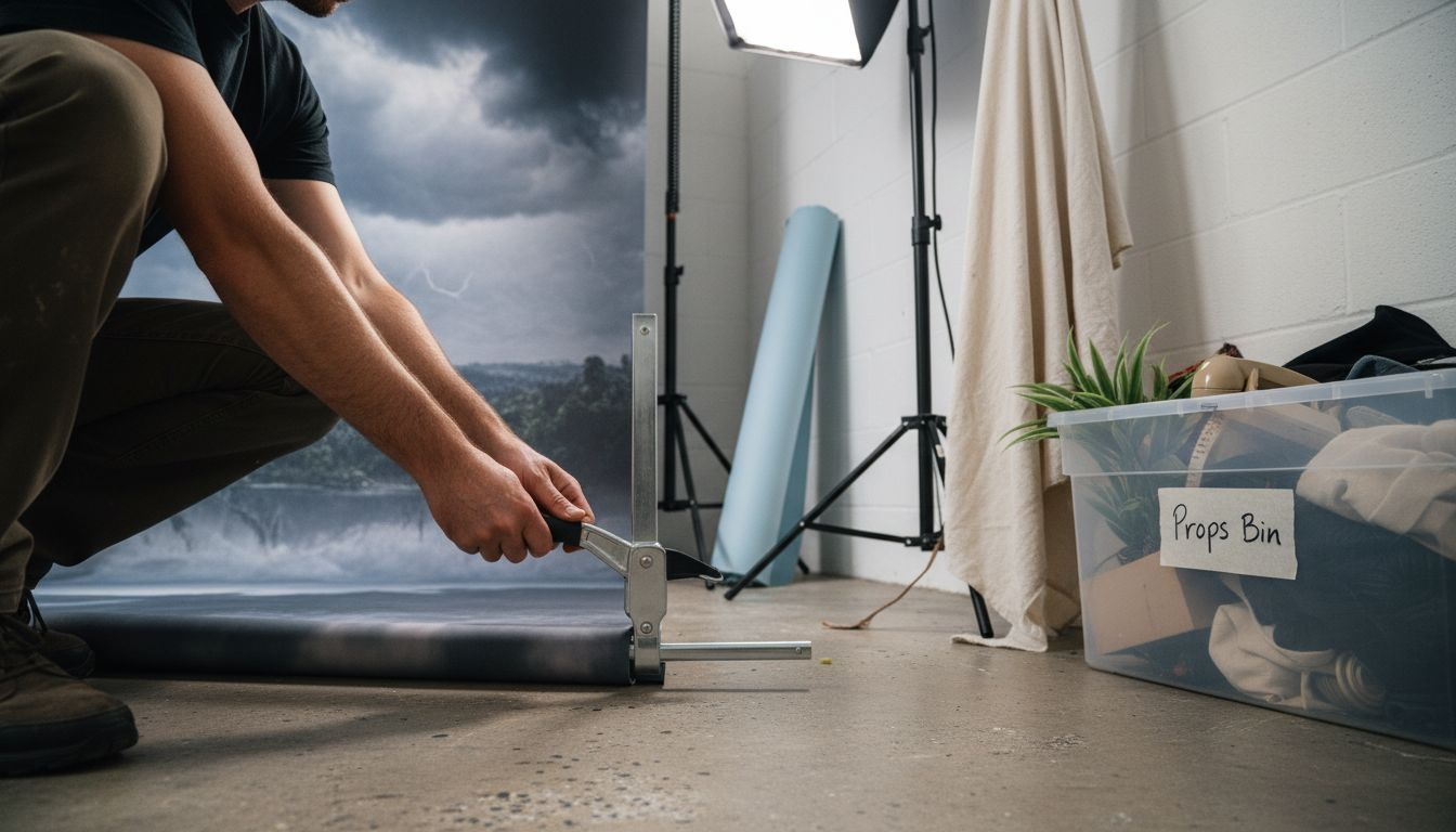 Mounting vinyl backdrop with weighted clamps