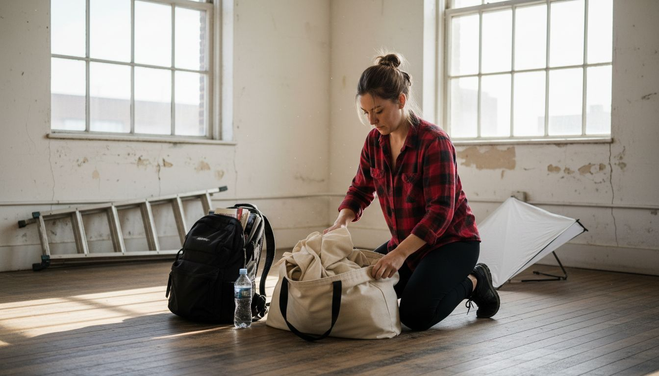 Photographer packing muslin backdrop for travel