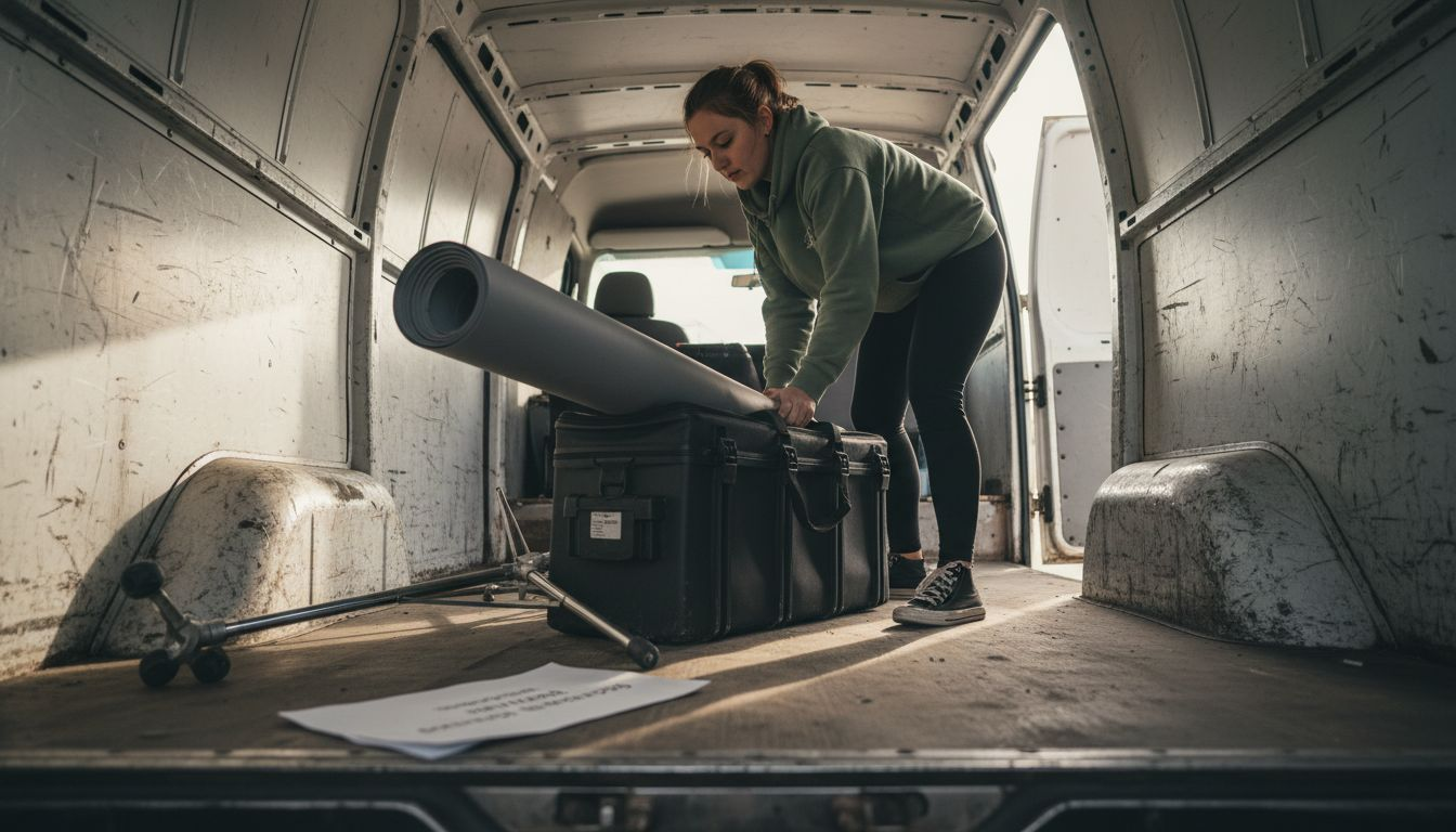 Assistant loading vinyl backdrop carrying case in van