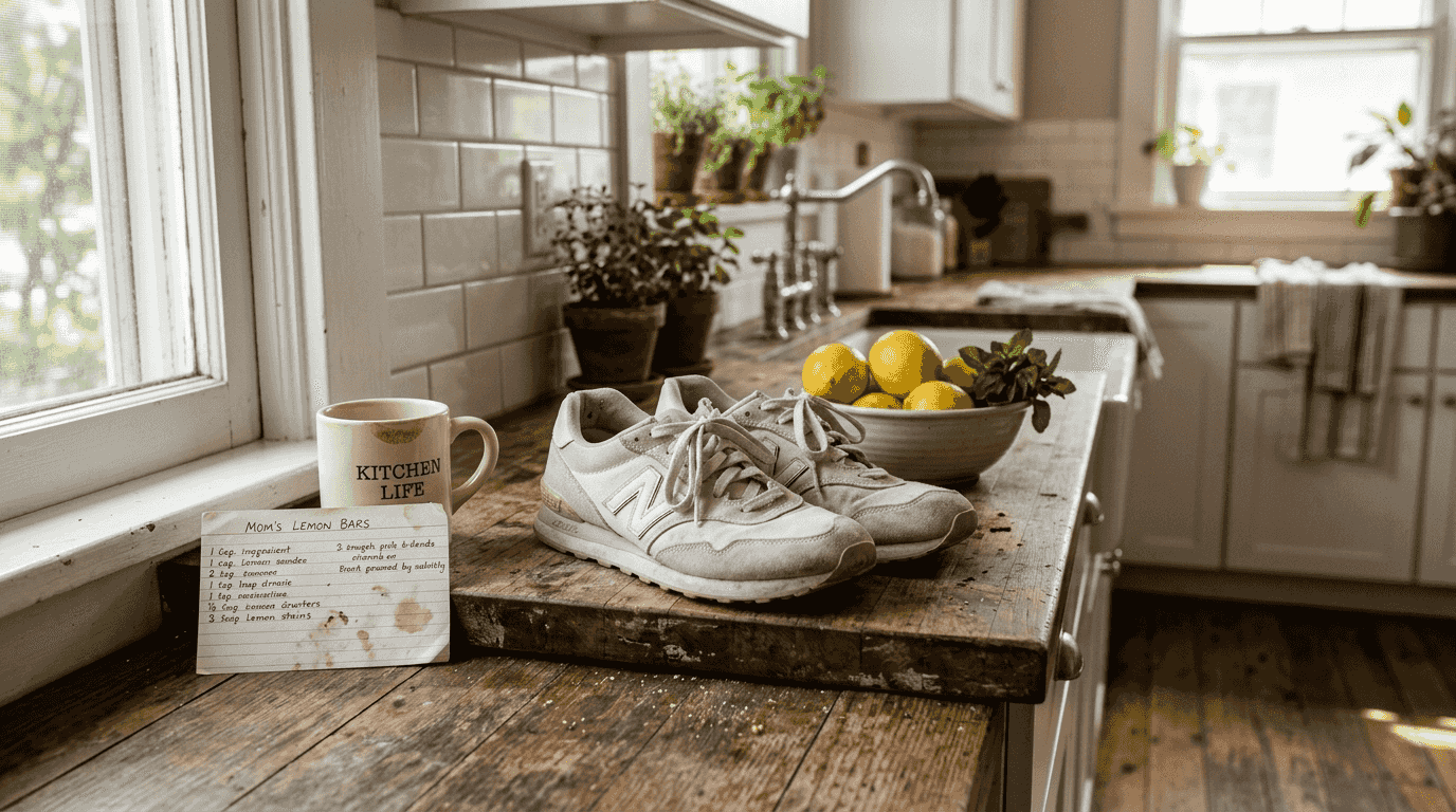 Sneakers on wooden kitchen counter lifestyle setup