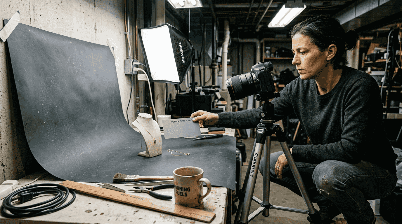 Product photographer testing vinyl backdrop lighting