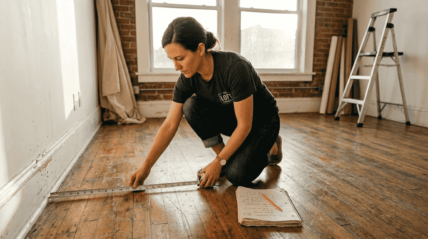 Woman measuring studio for backdrop with tape