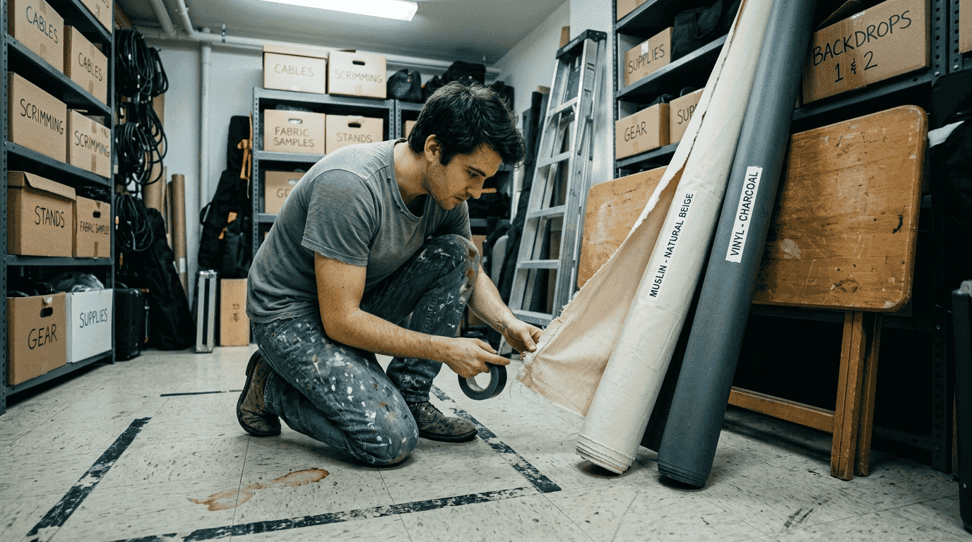 Assistant checking muslin and vinyl backdrops
