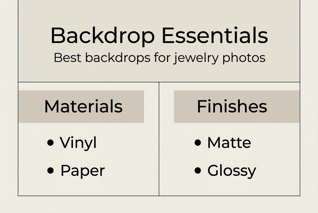 Infographic on jewelry backdrop materials and finishes