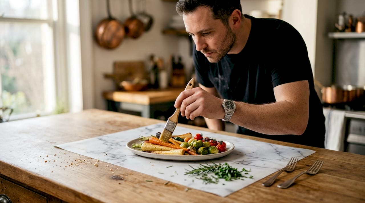 Chef brushing oil on food for photography