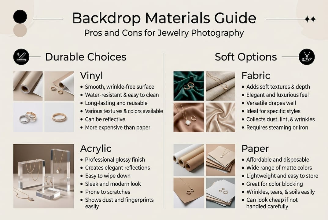 Infographic comparing jewelry photo backdrop materials