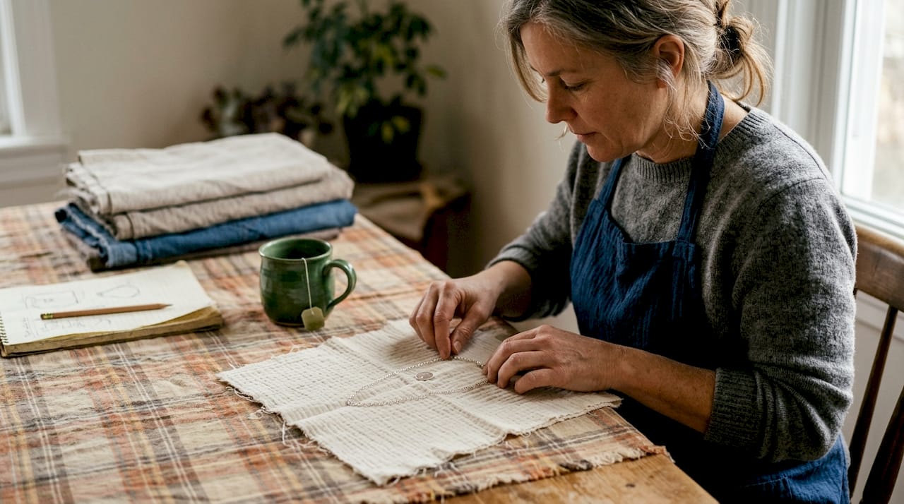 Craftsperson arranging necklace on muslin fabric
