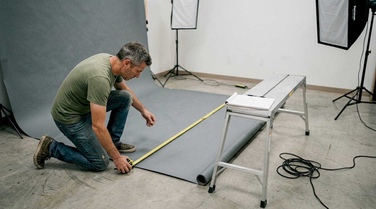 Photographer measuring large backdrop in studio