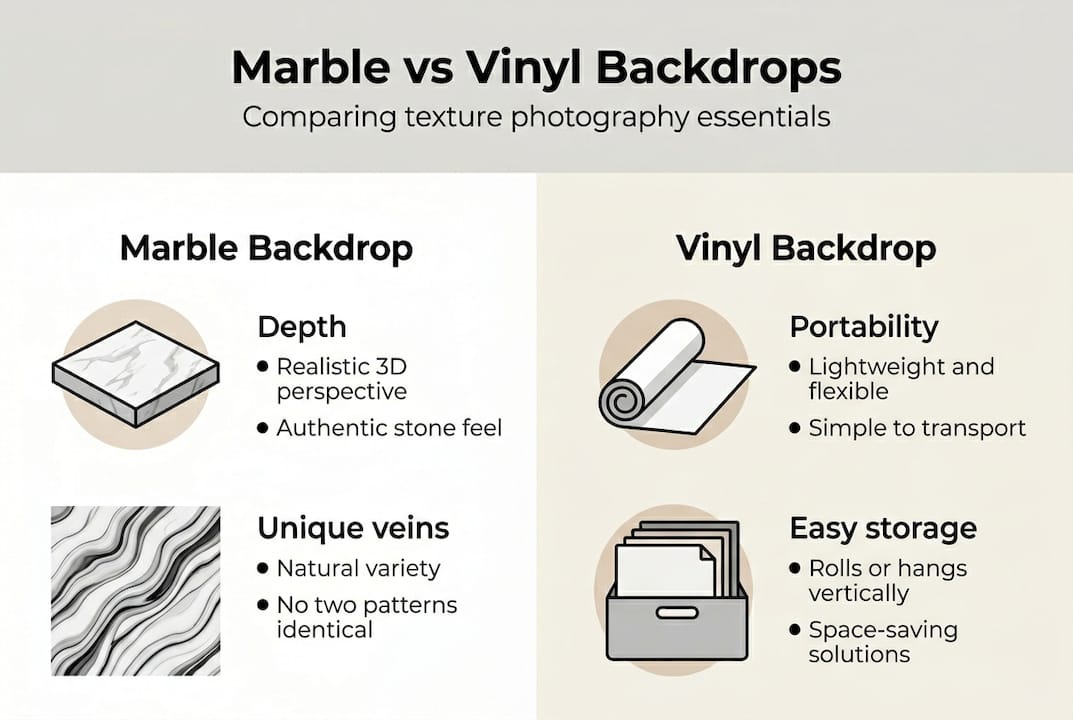 Infographic comparing marble and vinyl backdrops