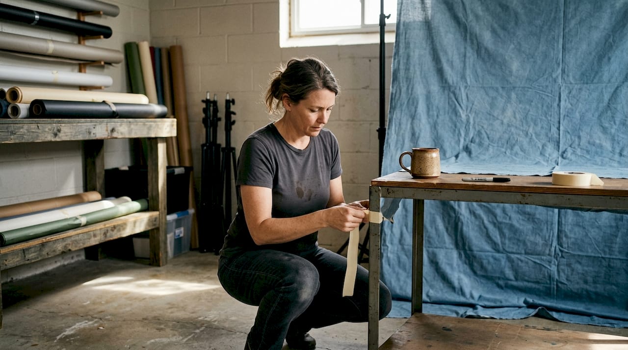 Assistant taping fabric backdrop for mug shoot