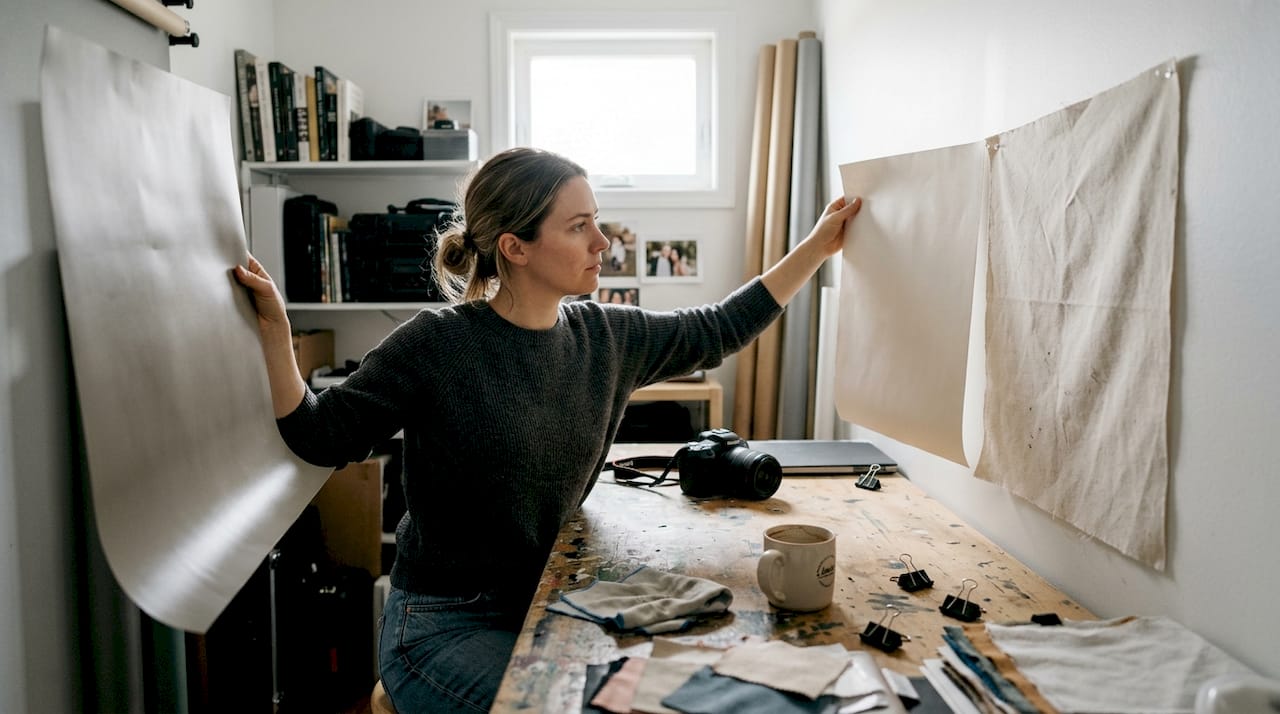 Photographer comparing vinyl and fabric backdrops