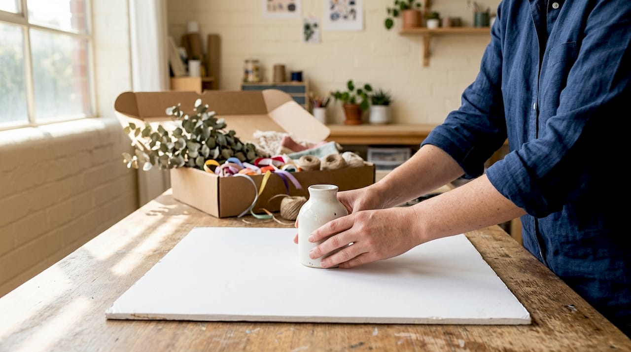 Hands arranging vase on foam board backdrop