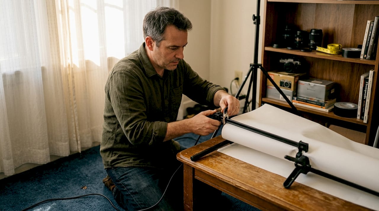 Photographer assembling backdrop with clamps