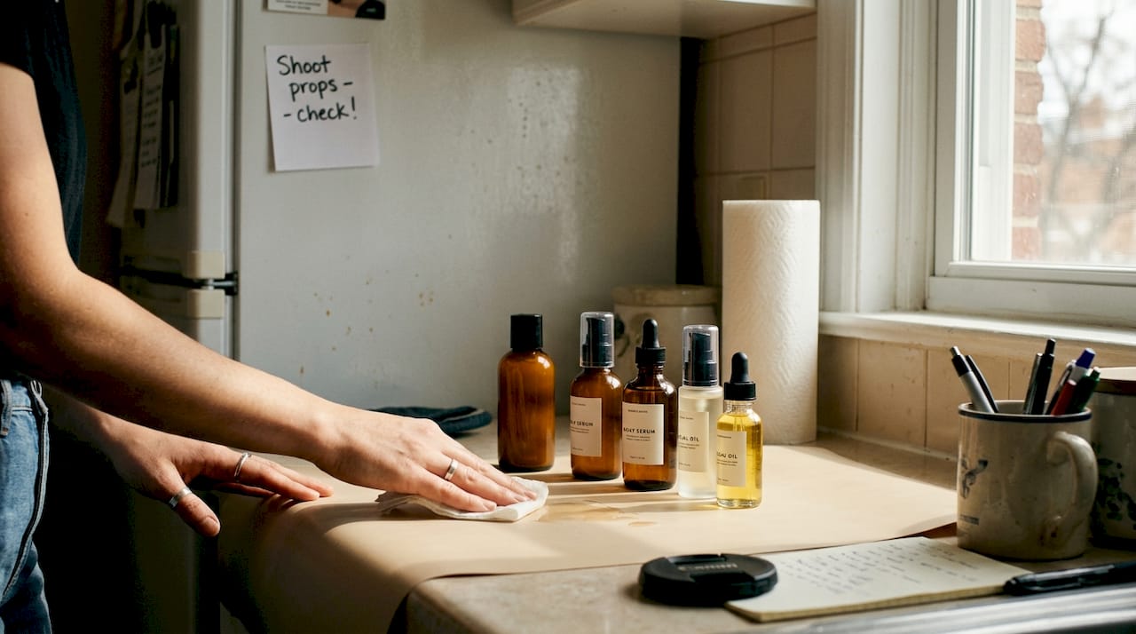 Hands cleaning vinyl backdrop under product display