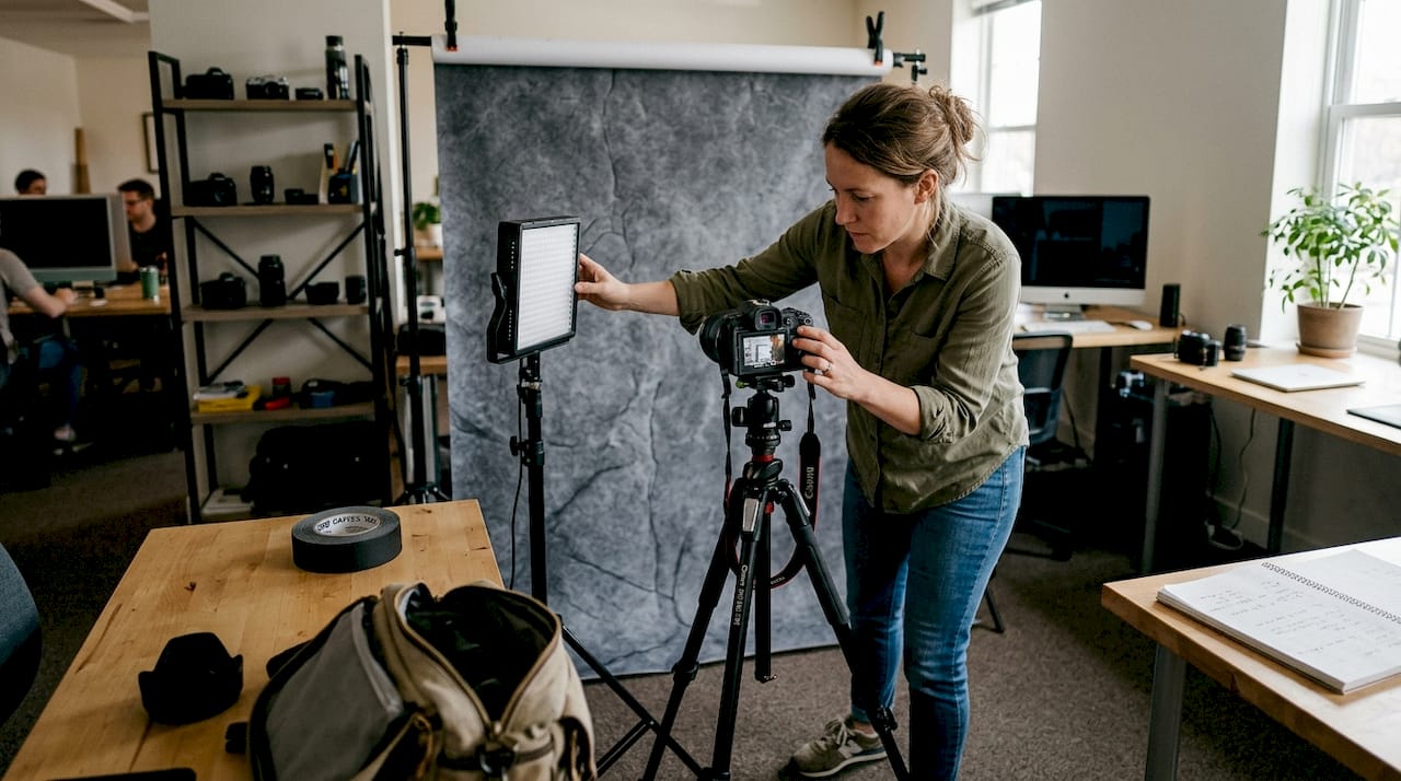 Photographer adjusting lights near vinyl backdrop