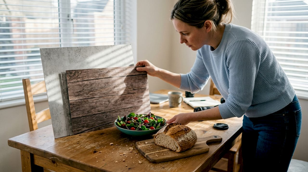 Photographer choosing backdrop for food mood