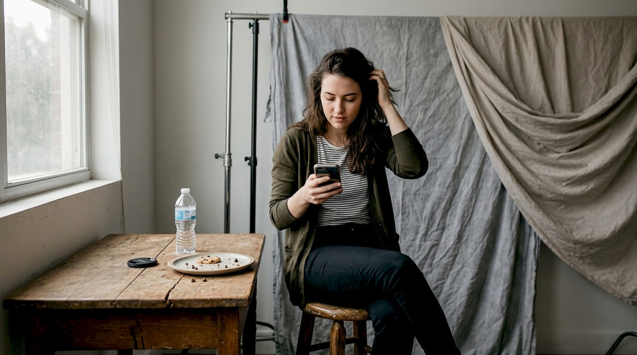 Portrait session with muslin backdrop between takes