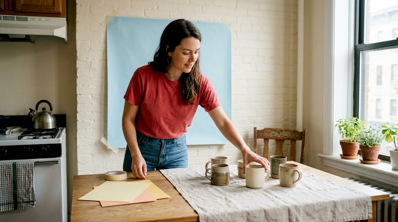 Arranging mugs with colorful textured backdrop