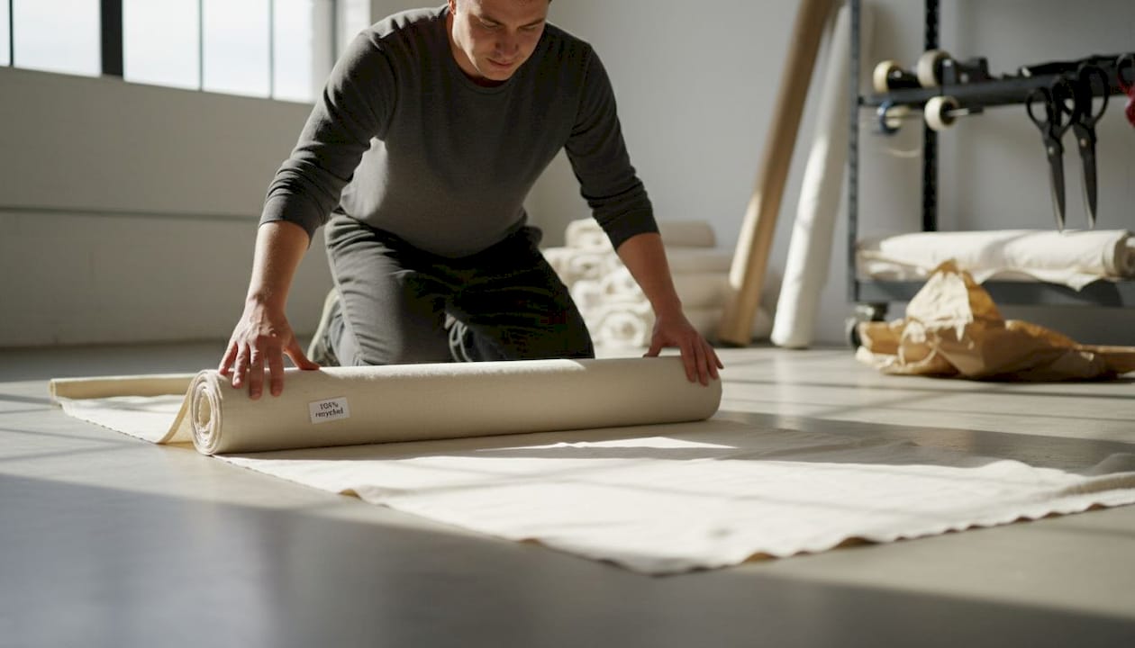 Assistant unrolling recycled fabric backdrop
