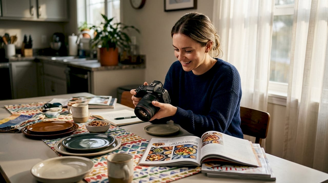 Distracted photographer reviewing busy glossy backdrop