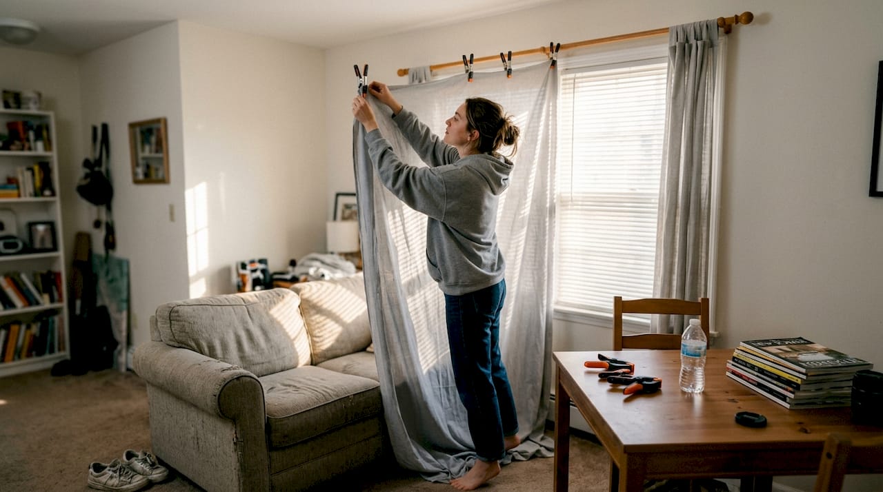 Young woman smoothing gray fabric photo background